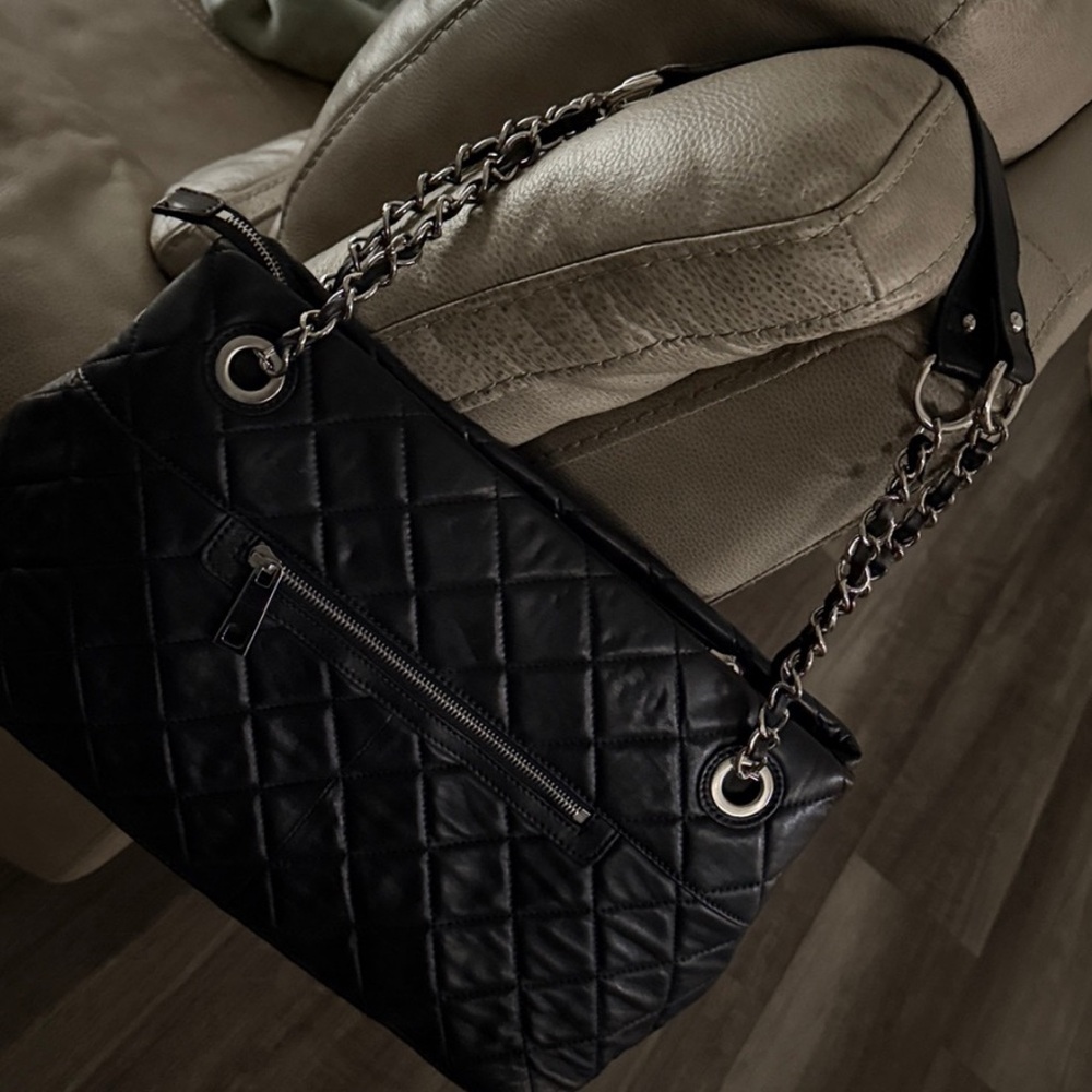 Elegant Black leather Quilted Chain Audrey Brooke Tote Bag